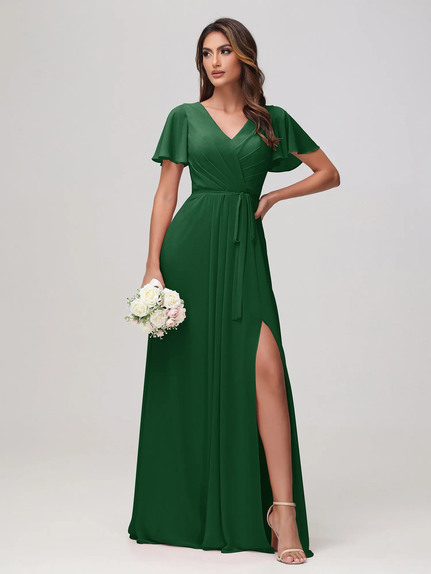 Flatterrmel Rüschen Chiffon Kleid mit Gürtel Dunkelgrün