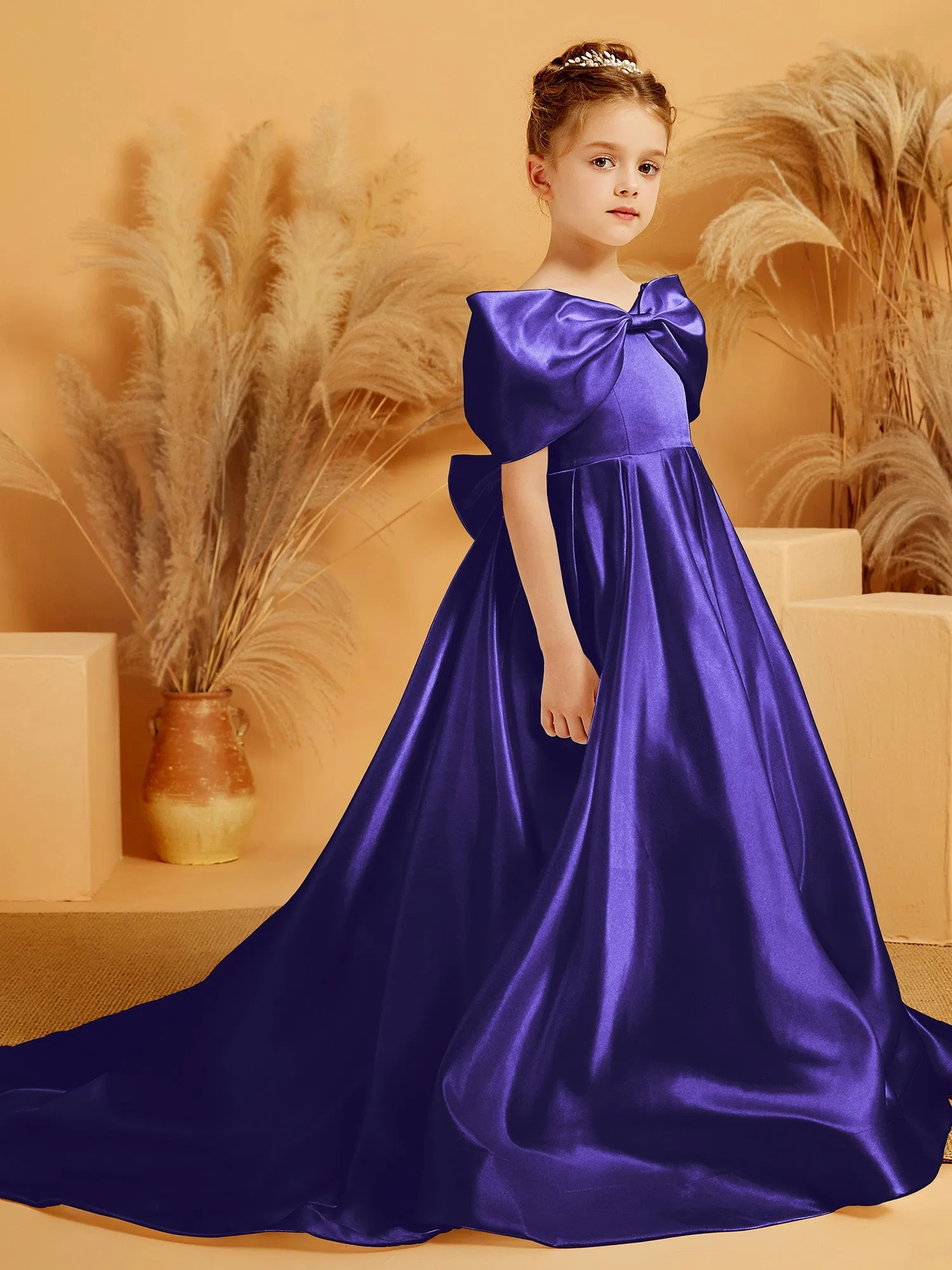 Schulterfrei Lang Blumenmdchenkleid mit Schleife Regentschaft