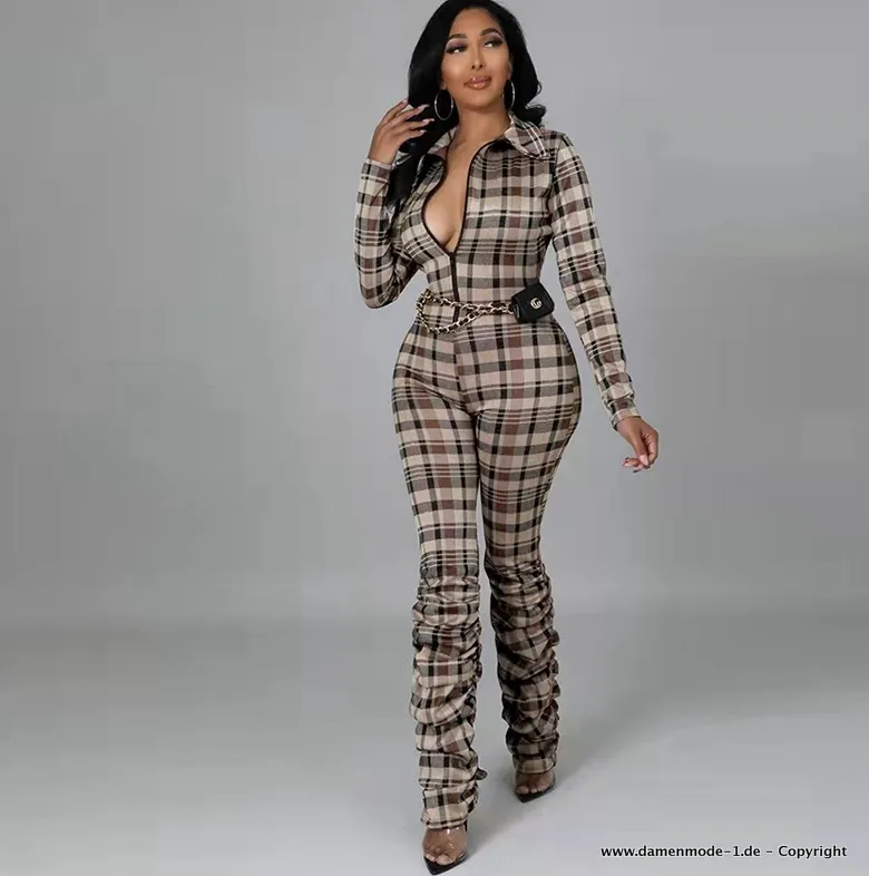 Sexy Bodycon Jumpsuit Einteiler Kariert Mit Reißverschluss 