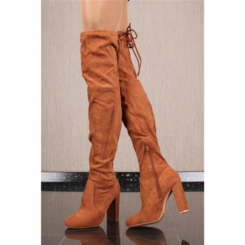 Sexy Overknees Damen Stiefel aus Velours mit Schnürung Camel